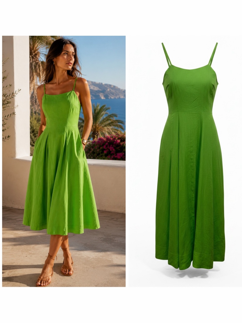 Gabriela Hearst Green Linen Midi Dress Spaghetti Strap Margritte 8 Resort NWT 🟡